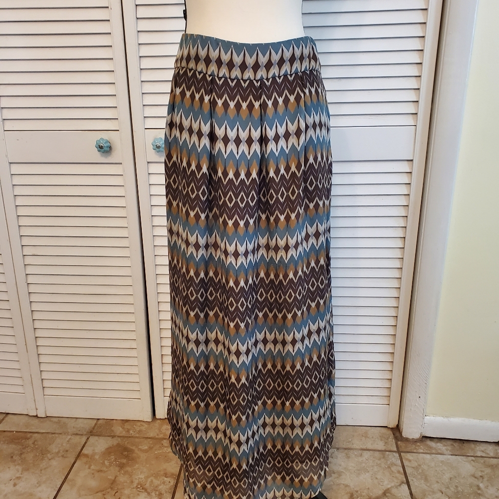 Glam 100% Silk Multi-colored Teal and Brown Maxi Skirt, Size Large
